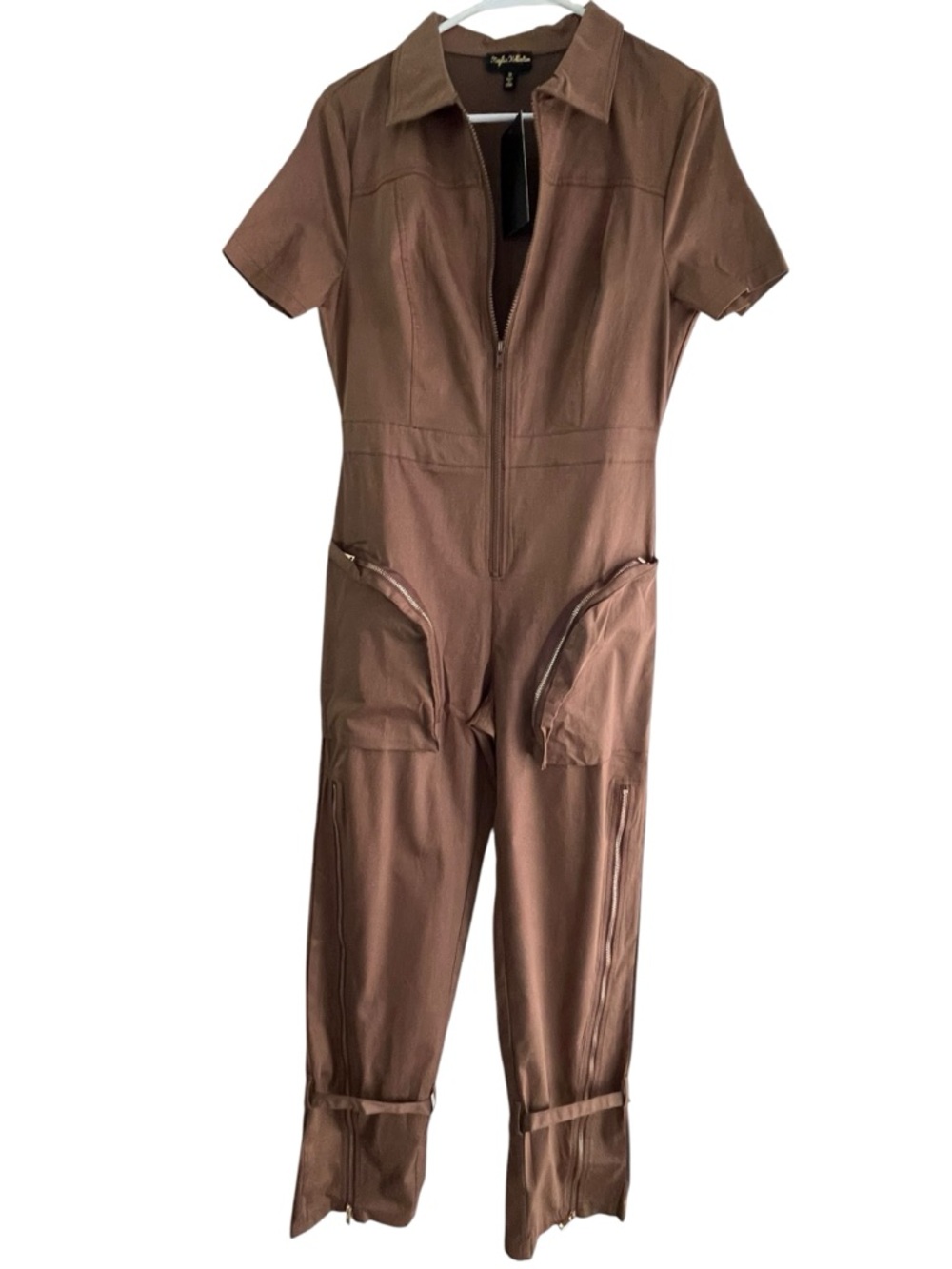 Kaylee Kollection Short-Sleeve full length Utility Jumpsuit Brown zip Sz: M NWT